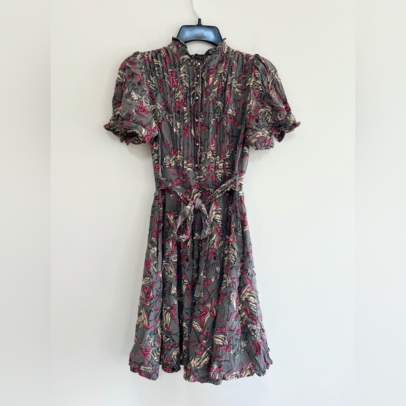 Anthropologie Dresses & Skirts - Anthropologie Vtg 2009 Button Front Short Sleeve Silk Dress Belt Pockets Gray, 6